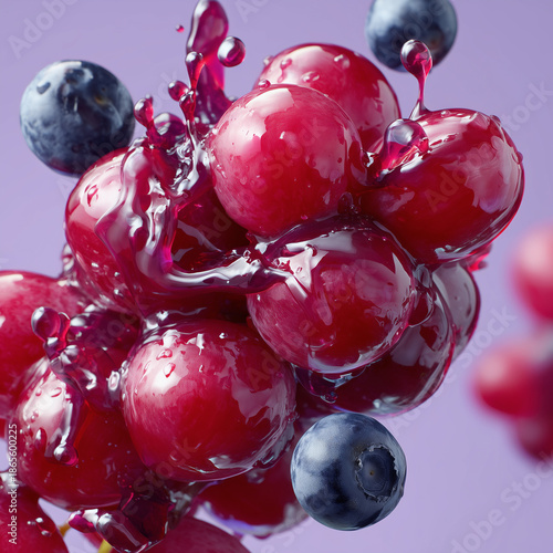 Blueberries and red grapes collide in mid-air to create a dynamic splash of fresh fruit juice against a solid purple background.