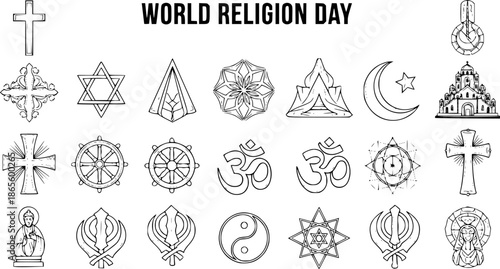 World Religion Day Black and White Line Art Collection of Diverse Global Faith Symbols, Hand-Drawn Outline Icons Representing Spirituality, Belief, Culture, and Unity