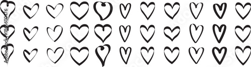 A collection of hand drawn hearts in varying shapes and sizes displayed neatly