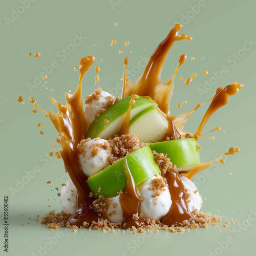 Dynamic caramel sauce splash over fresh green apple slices, sweet cream bites, and crumble against a pastel green background
