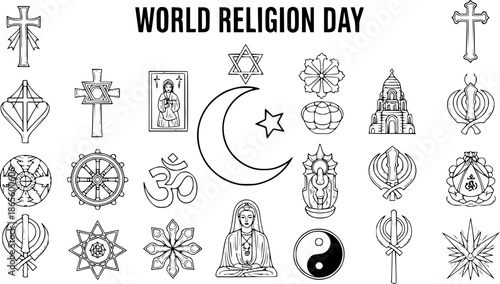 Black and White Line Art Set of World Religion Symbols and Spiritual Icons - Hand-drawn Vector Collection for Diversity, Peace, and Cultural Understanding.