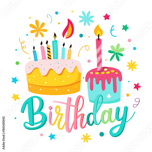 Happy birthday celebration banner with cake, candle, and festive