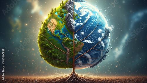 Split Earth as a tree half lush green planet half dry arid land symbolizing climate change and environmental balance concept for nature and ecology