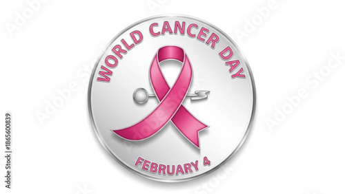 World Cancer Day emblem with pink ribbon and February 4 date symbolizing awareness and support for cancer patients isolated on white