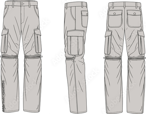 Cad cargo pants design drawing flat vector illustration, , multi-pocket utility trousers sketch,