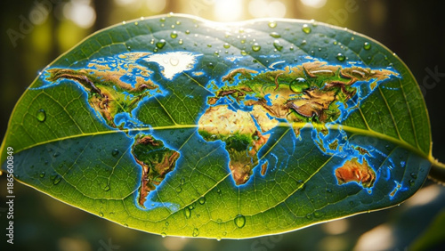 World map superimposed on a green leaf with water droplets symbolizing global ecology and environmental awareness perfect for conservation campaigns