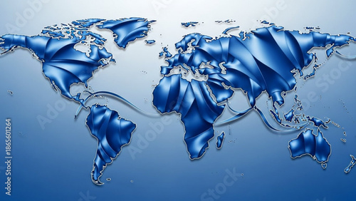 Abstract blue metallic world map with flowing lines representing global connection and technology ideal for business and corporate concepts