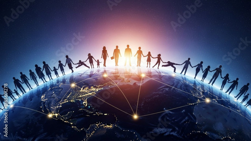 Diverse group of people holding hands in a circle on top of the Earth symbolizing global unity and connection with a bright light emanating from the center