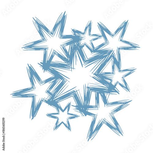 A playful arrangement of multiple hand-drawn stars, distinctly outlined in a pale blue hue with white centers, creates a cheerful and ethereal cluster on a pristine white surface.