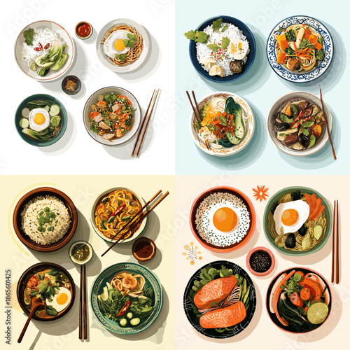 Top view illustration of Asian meals with rice noodles vegetables and eggs. Colorful bowls arranged neatly for menu design food blogs and culinary lifestyle visuals.