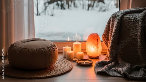 Cozy living room interior with candles and salt lamp by snowy window