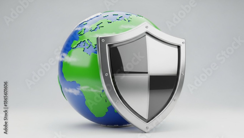 Silver shield protecting the planet Earth symbolizing global security data protection and international safety isolated on a light background