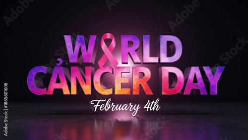 World Cancer Day text with pink ribbon February 4th awareness concept for healthcare and support campaigns