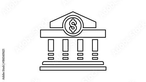 Bank Building Line Icon Animation on White Background