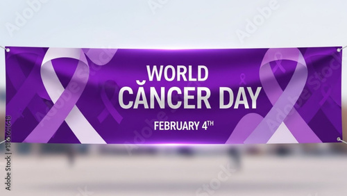 World Cancer Day banner with purple ribbons and text promoting awareness and support for February 4th ideal for campaigns and events