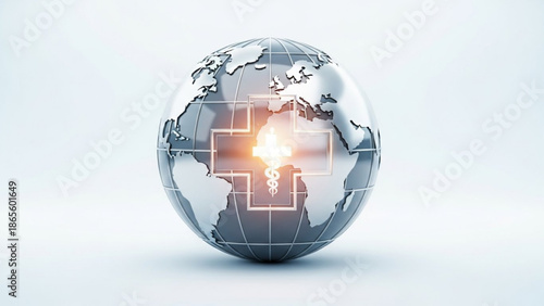 Global healthcare concept with illuminated medical cross and caduceus symbol on a reflective earth globe representing international health and medical technology
