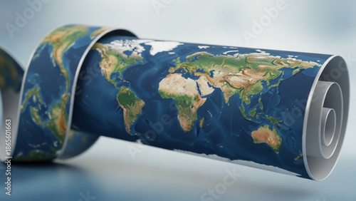 World map unrolling from a scroll representing global connectivity and information ideal for travel and business concepts