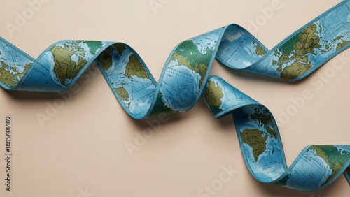 World map ribbon winding across a neutral background representing global travel and connectivity perfect for travel industry concepts