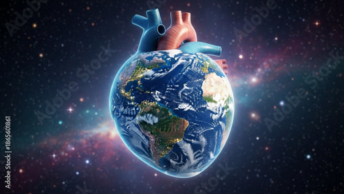 Anatomical heart fused with planet Earth symbolizing global health and cosmic connection set against a vibrant nebula background