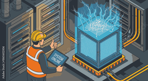 A skilled technician confidently oversees the successful activation of a powerful, glowing data processing system, indicating seamless operation and advanced technological achievement.