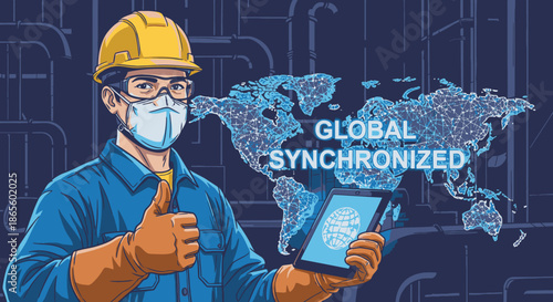 A masked industrial worker, giving a thumbs-up, skillfully utilizes a tablet to manage secure, globally synchronized technological infrastructure.