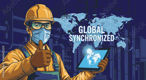 A confident masked worker gives a thumbs-up, holding a tablet with global network imagery, symbolizing synchronized operations.