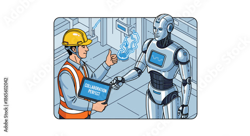 An industrial worker in safety gear shakes hands with a humanoid robot, depicting the evolving partnership of humans and artificial intelligence in the workplace.
