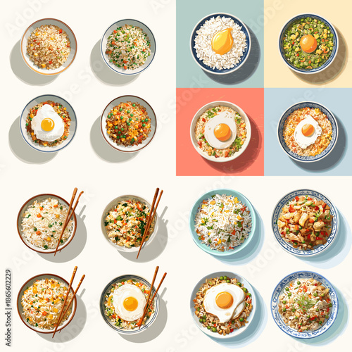Illustration of rice bowls topped with eggs vegetables and grains. Clean flat lay food arrangement ideal for healthy menus meal planning and culinary education visuals.