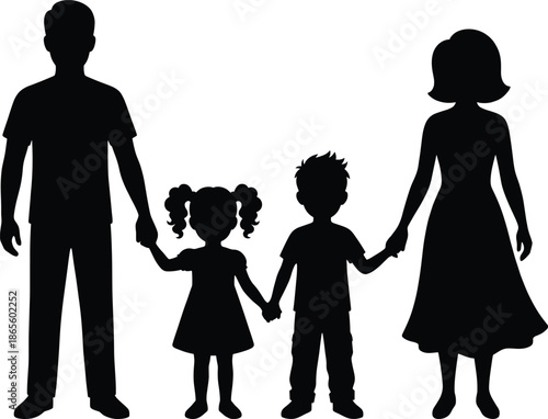 Happy family silhouette of parents holding hands with children symbolizing love unity and togetherness isolated on white background