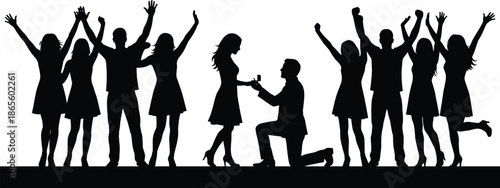 Marriage proposal silhouette with friends cheering as man kneels offering ring creating joyful romantic engagement celebration scene illustration background concept