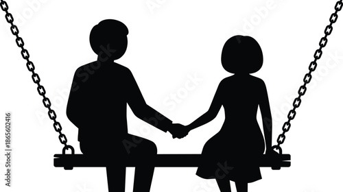 Romantic couple silhouette holding hands while sitting on swing symbolizing love connection and peaceful relationship isolated on white background
