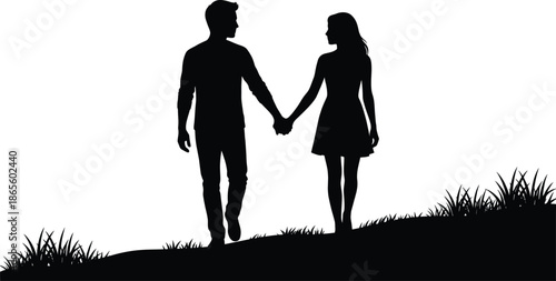 Romantic couple silhouette holding hands while walking together outdoors symbolizing love relationship trust and shared journey on white background