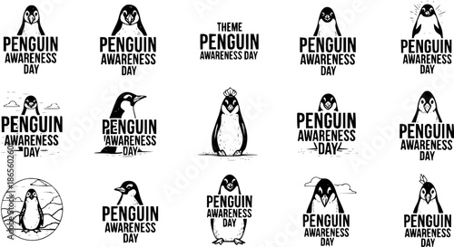 Black and White Penguin Awareness Day Logo Collection. Monochrome Line Art and Silhouette Emblems for Wildlife Conservation, Environmental Education, and Animal Awareness Events.