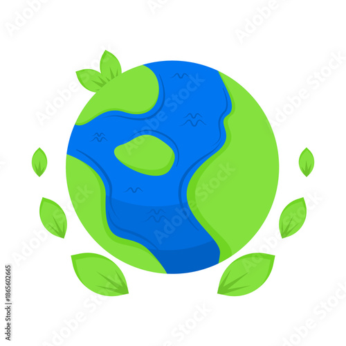 Green Earth Illustration with Blue Oceans and Fresh Leaves Symbolizing Ecology, Sustainability, Environmental Protection and Global Nature Care Concept