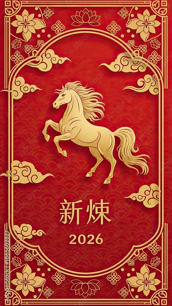 Fototapeta premium Golden Horse and Clouds Chinese New Year 2026 Celebration Design