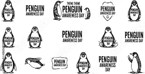 Penguin Awareness Day Hand Drawn Vector Set. Black  White Sketch Line Art Collection of Penguin Icons  Emblems for Wildlife Conservation, Nature Education, and Environmental Awareness Campaigns.