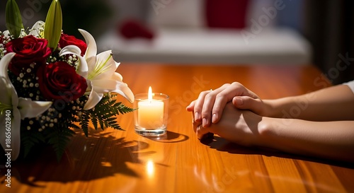 Hands clasped together in prayer beside a floral arrangement and candle on a wooden table