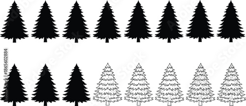 Christmas Tree icon set, silhouette and outline styles, 20 black shapes with branch detail contrast