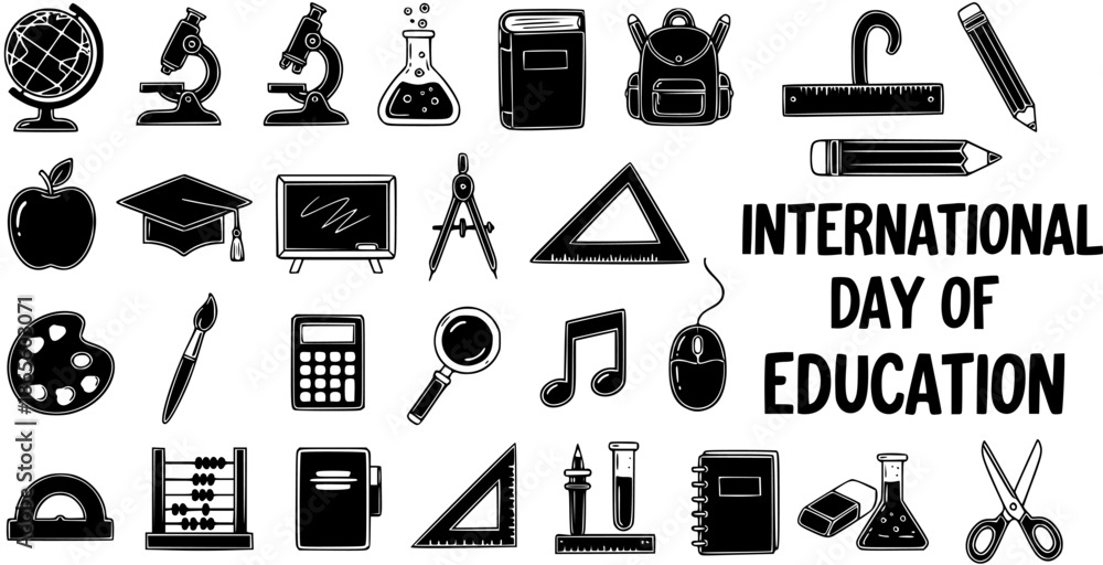 Fototapeta premium Black and White Line Art Icons for International Day of Education - School Supplies Learning Symbols