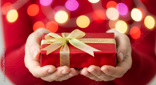 Hands holding a red gift box with a gold ribbon in front of festive lights