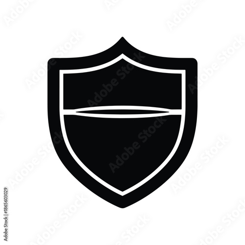 A black shield icon with a horizontal line dividing it in half, symbolizing protection, security, and defense. This graphic element can be used to represent safety measures or data integrity