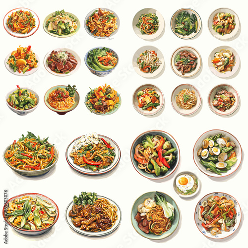 Illustration of assorted Asian vegetable dishes served in bowls and plates. Colorful stir fry salads and tofu meals arranged for healthy menu and food branding use.