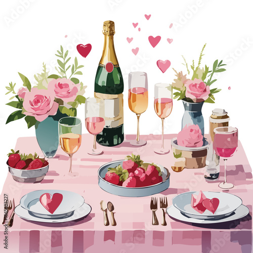 Valentine’s Day Romantic Dinner Table Vector Illustration – Soft Watercolor Floral Table Setting with Wine, Hearts, and Desserts