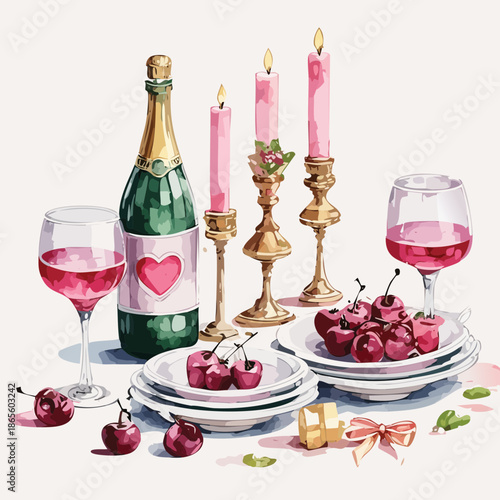 Valentine’s Day Romantic Dinner Vector Illustration – Wine, Candles, Cherries, and Elegant Table Setting Design