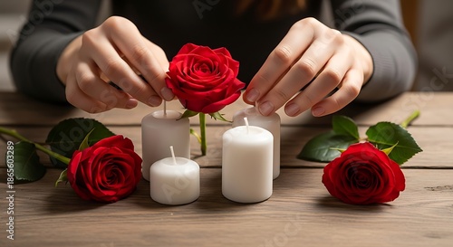 Person arranging red roses and candles on a wooden table