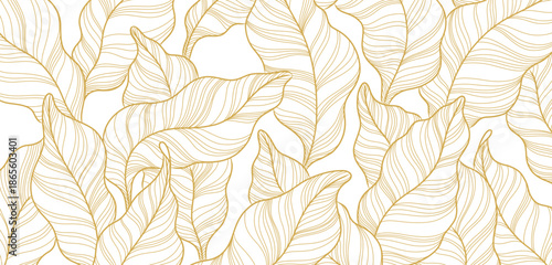 Gold tropical leaf line art wallpaper background vector. Natural leaves pattern design in minimalist linear.	