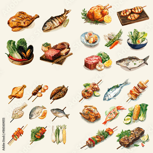Illustration of assorted cooked meats and seafood served with vegetables and sides. Grilled fish shrimp and hearty dishes arranged neatly for menu and food branding visuals.