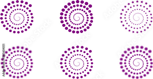 Bright blue abstract spiral patterns and radial geometric shapes collection including stars, hexagons, and sunbursts on white.