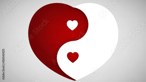 A heart shaped yin yang symbol with red and white colors and smaller hearts inside