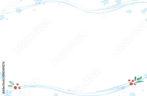 冬の水彩フレーム（流れる雪と南天）_横